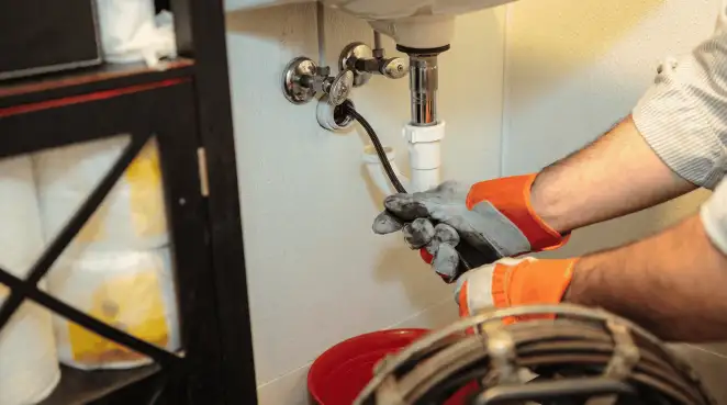 Drain cleaning technician using a motorized plumbing snake to clear a clogged sink pipe in Marietta, GA